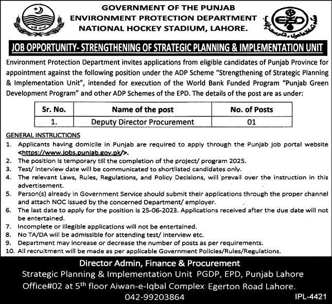 Environment Protection Department Management jobs in  Lahore 2023