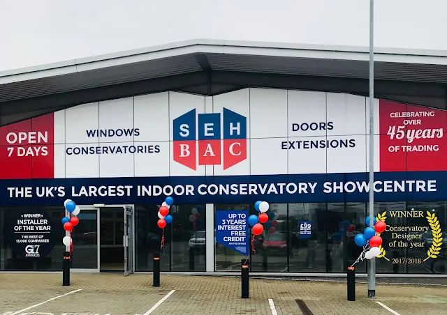 Front view of the SEH BAC Chelmsford show centre. The UK's largest indoor conservatory showcentre