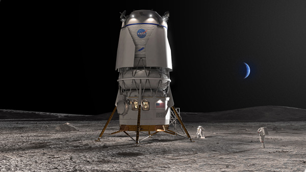 An artist's concept of Blue Origin's Blue Moon lander on the lunar surface.