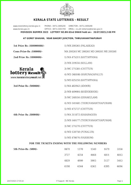 Live: MONSOON BUMPER Result BR 92 Drawn on 26th July 2023 | Kerala Bumper Lottery result