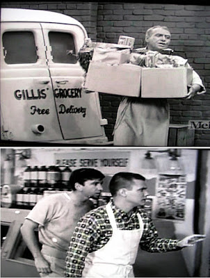 Free grocery delivery truck of Herbert T. Gillis and 'Please serve yourselves' store sign over his son Dobie Gillis and friend Maynard G. Krebs in 1961 TV show 'The Many Loves of Dobie Gillis'