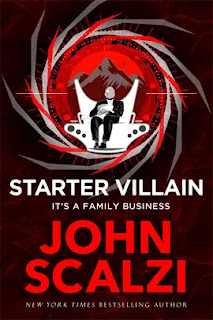 Cover for book "Starter Villain" by John Scalzi. Against a dark background, swirls of grey and red surround a mysterious figure sitting in a hi tech white seat, holding a white cat on their lap. Behind, in the distance, is a volcano.