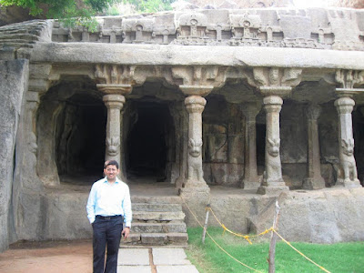 Rock cut hall with pillars at Mahabalipuram