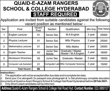 Latest Jobs in Pakistan in Quaid-e-Azam Rangers School and College Hyderabad Jobs 2021