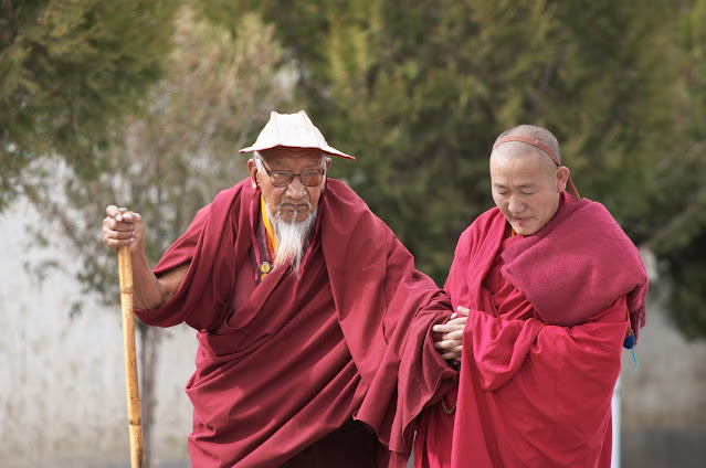 foto de dois monges tibetanos. Um mais jovem ajudando um monge bem mais velho na sua caminhada