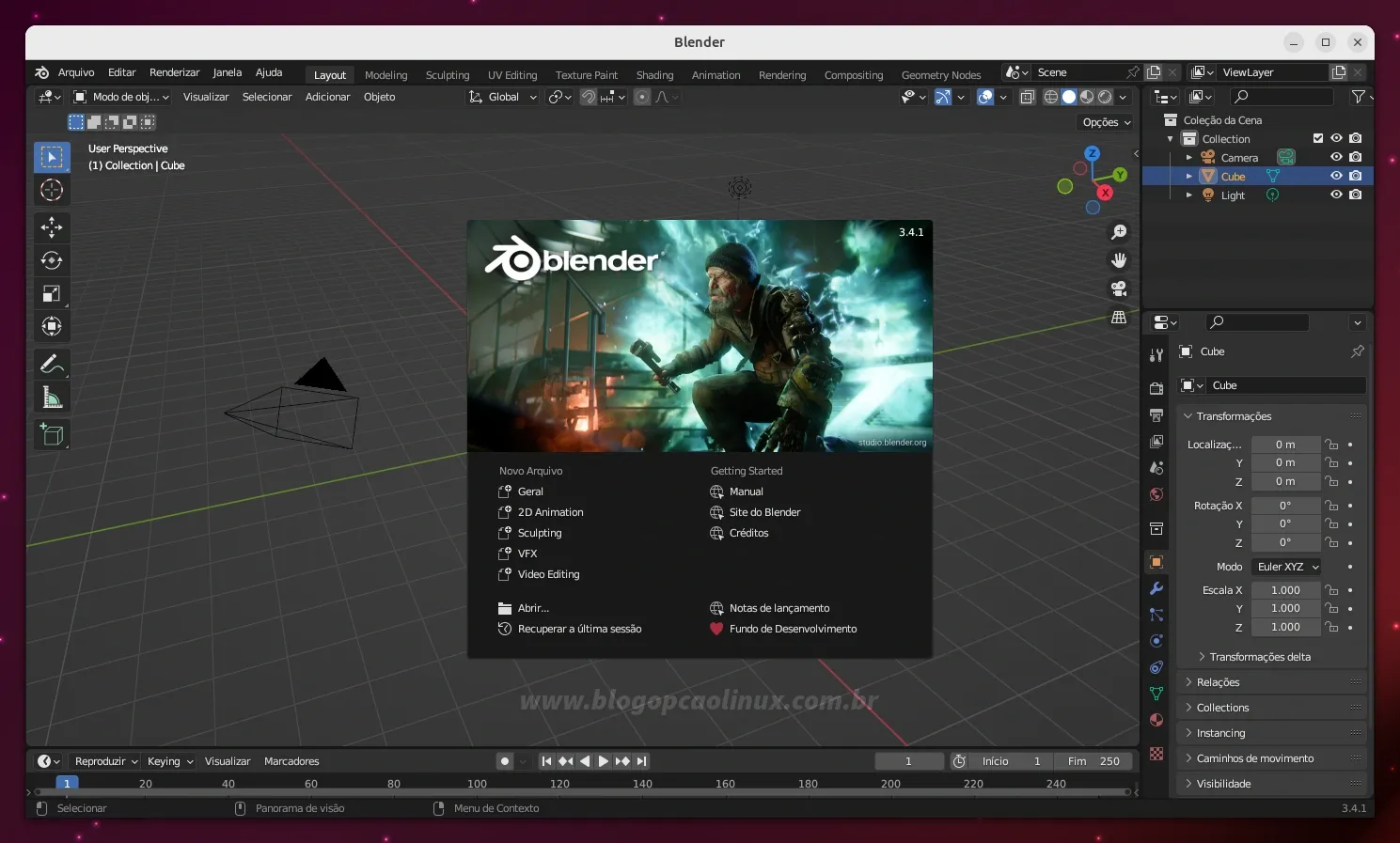 Blender executando no Ubuntu 23.04 (Lunar Lobster)