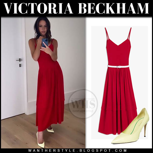 Victoria Beckham in red midi dress and yellow pumps