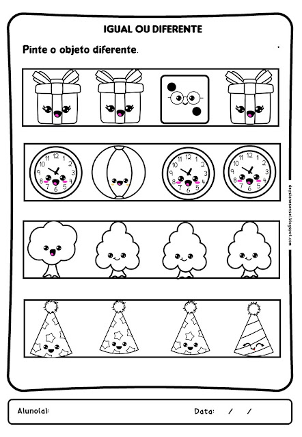 Exercício de comparação de semelhanças e diferenças para crianças em idade pré-escolar.