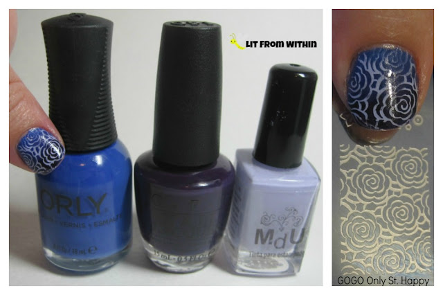 Orly Indie, OPI O Suzi Mio, MdU Lilac, and Gogo Only St. Happy stamping plate
