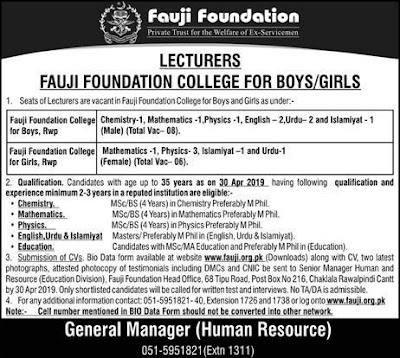 Fauji Foundation College Jobs 2019 For Lecturer