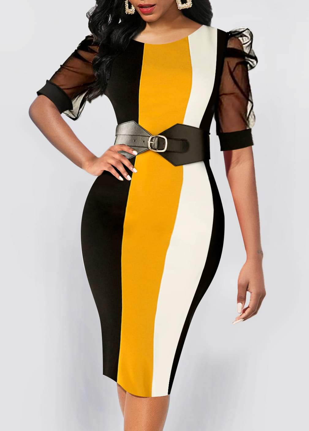 Striped Mesh Multi Color Round Neck Bodycon Dress @ RMNOnline Fashion Group