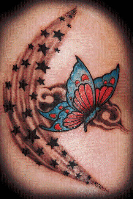 Blue and red wings butterfly with shooting stars tattoo