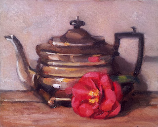 Oil painting of a silver teapot beside a pink camellia flower.