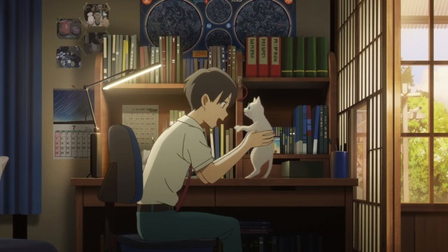 Anime film visual boy holding a cat sitting in office bookshelf with lamp happy smiling uniformed teenager boy
