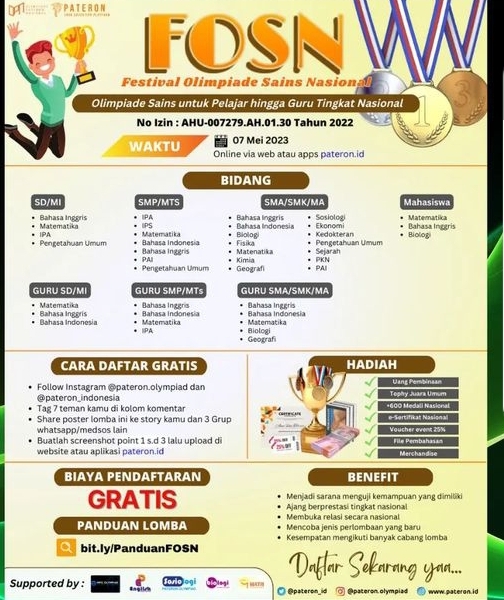 Olimpiade Sains Nasional Pateron FOSN SD SMP SMA 2023