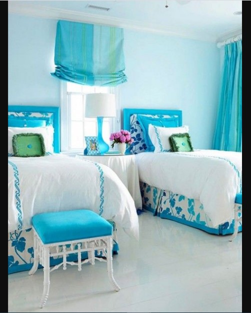 Simple Interior Design for The Bedroom For Girls with blue wall paint and white bed
