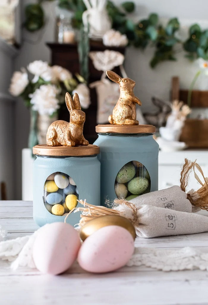 bunny treat jars, drop cloth carrots, pink eggs