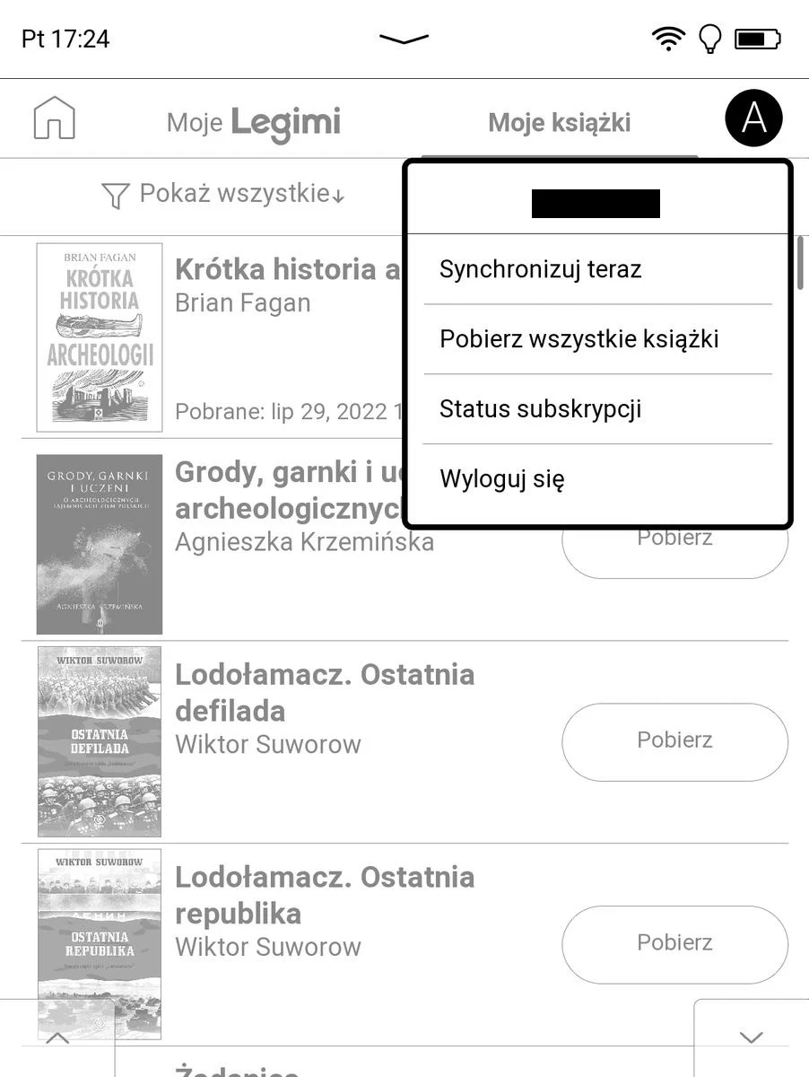 PocketBook Era – rozwijane menu w aplikacji Legimi