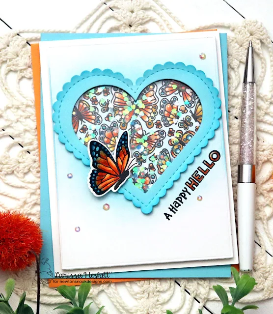 A Happy Hello Card by Larissa Heskett for Newton's Nook Designs using Heartfelt Butterflies, Monarchs Stamp Set and Heart Frames Die Set