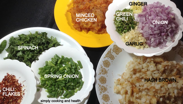 Ingredients for Hash browns with minced chicken and spinach (Sandwich  filling)