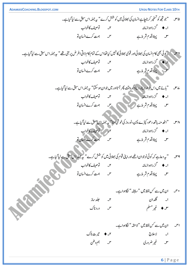 guzra-hua-zamana-mcqs-urdu-class-10th