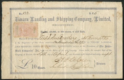 early share in the Timaru Landing and Shipping Company, 1868