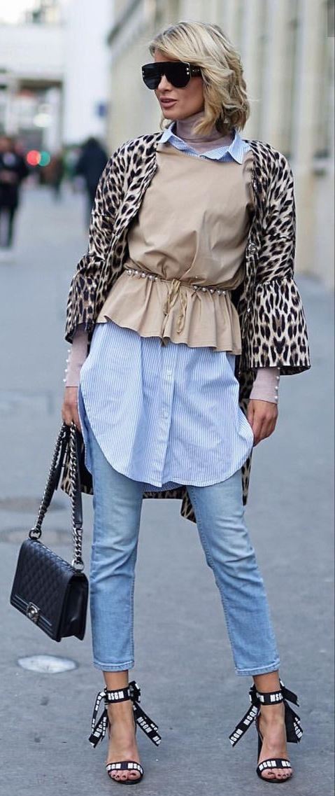 gorgeous outfit idea / jeans + bag + shirt dress + leopard cardigan + heels