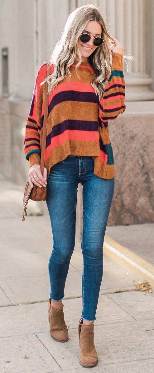 fall outfit inspiration / stripped sweater + bag + skinny jeans + boots