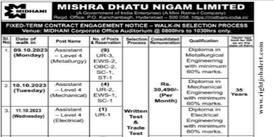 Assistant - Metallurgy,Mechanical and Electrical Engineering Job Opportunities in Mishra Dhatu Nigam Limited