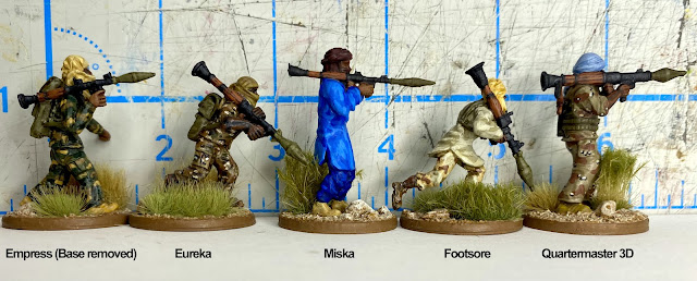 28mm Modern Insurgent/Terrorist Miniatures for Wargaming in Africa: Size Comparison of Empress, Eureka, Miska, Footsore, Quartermaster 3D with RPG