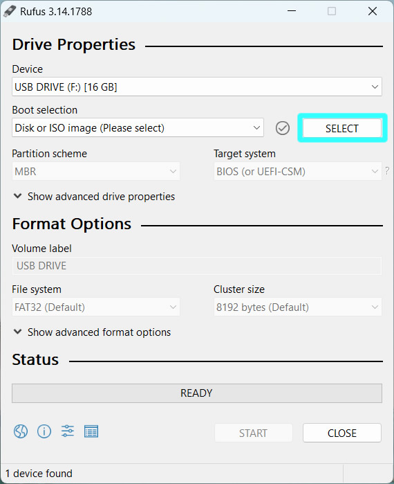 rufus select iso file