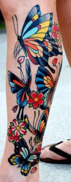 Butterfly With Flower Tattoo, Women Leg Butterfly Tattoo, Butterfly Women Leg Design Tattoo, Colorful Designs Of Butterfly Flower Tattoo, Women, Parts, Birds, Animals,