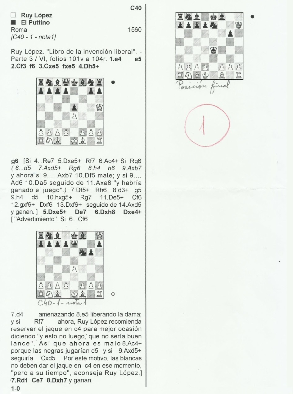 Partidas de ajedrez de Ruy Lopez con notas de Joaquín Pérez de Arriaga