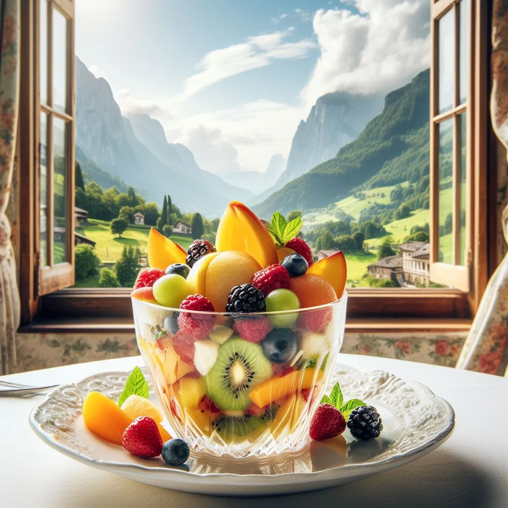 plato de coctel de frutas frente a una ventana con vista al campo