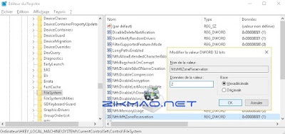 Augmenter l’espace de la MFT ( table de fichier maître )   NtfsMftZoneReservation