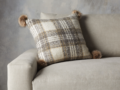 Charcoal Tartan Pillow Cover with Faux Fur Pom Poms