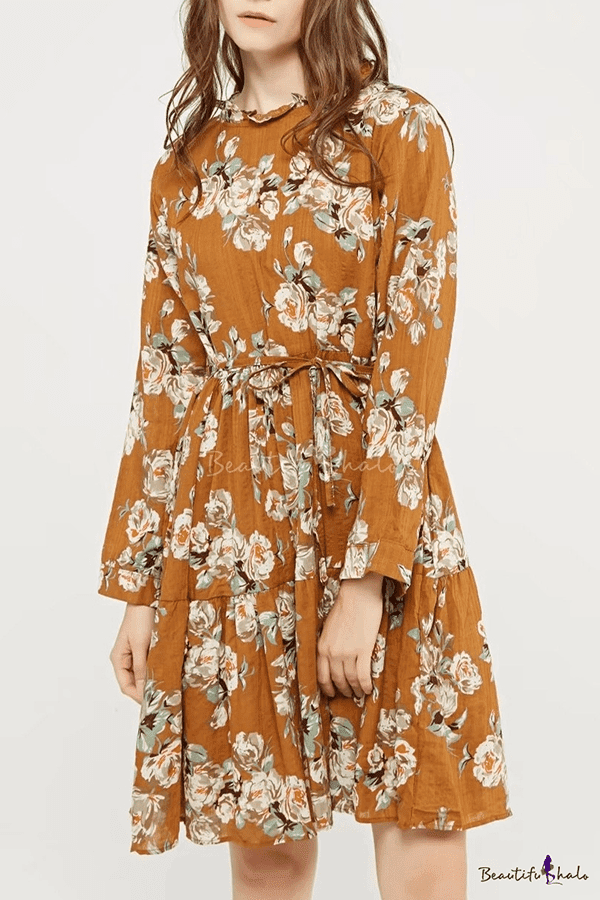 Round Neck Long Sleeve Chic Floral Pattern Midi Elegant A-Line Dress