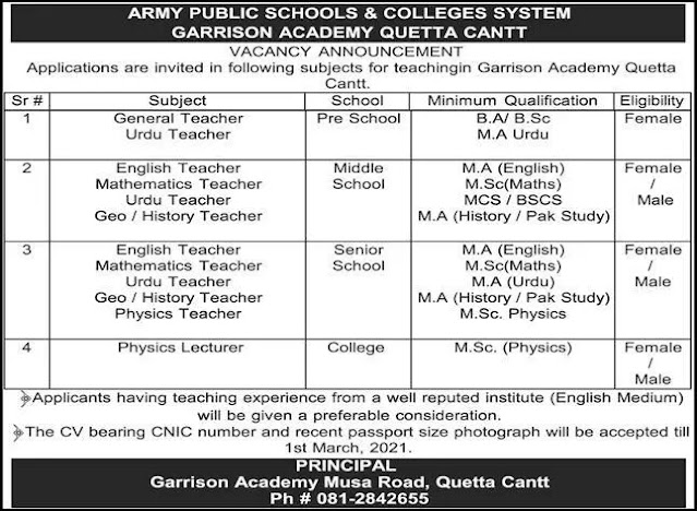 Teaching Jobs in Quetta Cantt 2021 - Teaching Jobs In APS&CS Garrison Academy Quetta Cantt 2021 - Jobs for Teaching Staff 2021