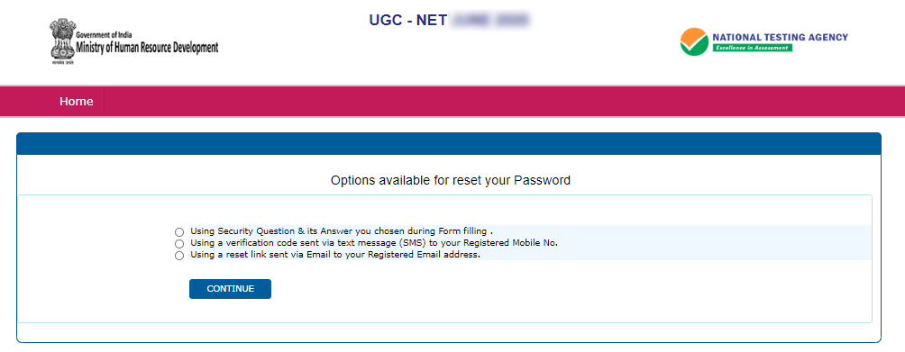 click on Continue to Recover UGC NET Password