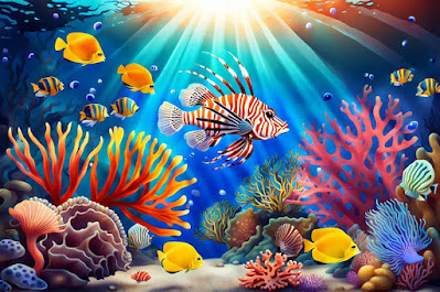Undersea with coral, fish, Lionfish, shells, sunrays.