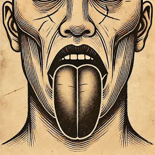 ancient-style illustration depicting the signs of impending death through mouth and tongue symptoms.