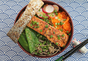 Food Lust People Love: Salmon Soba Noodle Buddha Bowls with Ginger Sesame Dressing are light, delicious and filling. Perfect for a summer dinner or packed lunch.