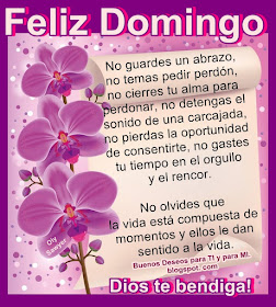 FELIZ DOMINGO !  No guardes un abrazo, no temas pedir perdón, no cierres tu alma para perdonar, no detengas el sonido de una carcajada, no pierdas la oportunidad de consentirte, no gastes tu tiempo en el orgullo y el rencor.