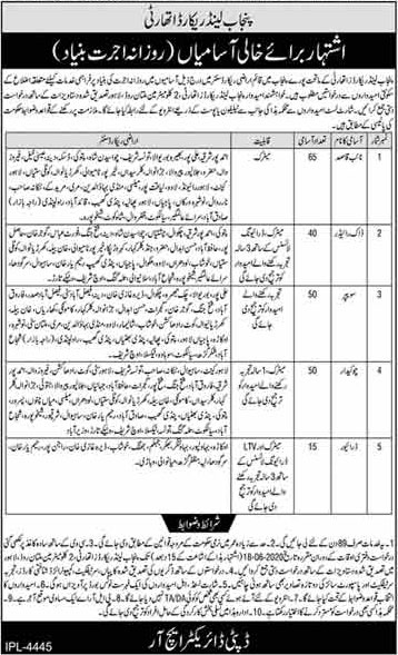 Official Advertisement for Punjab Land Record Authority Jobs 2020