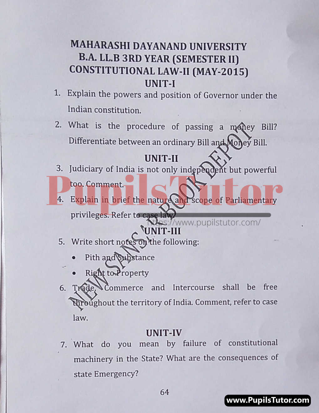MDU (Maharshi Dayanand University, Rohtak Haryana) LLB Regular Exam (Hons.) Second Semester Previous Year Constitutional Law - 2 Question Paper For May, 2015 Exam (Question Paper Page 1) - pupilstutor.com