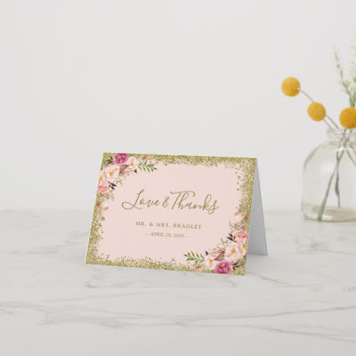  Love and Thanks Blush Pink Gold Glitter Floral Thank You Card