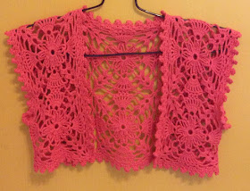 Front view of crochet lace motif bolero