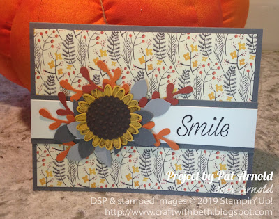 Craft with Beth: Stampin' Up! Second Sunday Sketches Card Sketch Challenge #04 Card Entry Pat Arnold Daisy Lane Painted Harvest DSP Designer Series Paper Scalloped Circle Punch Sunflower Punch Art Leaf Punch Sprig Punch