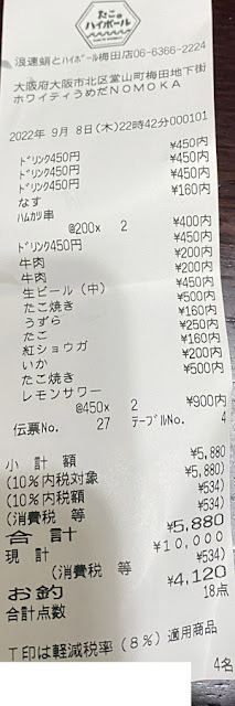 浪花タコとハイボール ホワイティうめだ店 2022/9/8 飲食