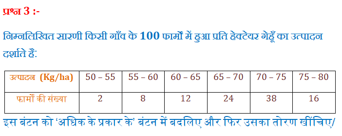 "निम्नलिखित सारणी किसी गाँव के 100 फार्मों में हुआ प्रति हेक्टेयर गेहूँ का उत्पादन दर्शाते है: उत्पादन  (Kg/ha)	50 – 55 	55 – 60 	60 – 65 	65 – 70 	70 – 75 	75 – 80  फार्मों की संख्या	2	8	12	24	38	16 इस बंटन को ‘अधिक के प्रकार के’ बंटन में बदलिए और फिर उसका तोरण खींचिए/" "sanchai barambarta kise kahate hain" "sanchai barambarta in english" "sanchai barambarta in hindi" "sanchai barambarta ki paribhasha" "sanchai barambarta sarni" "sanchai barambarta bataiye" "sanchai barambarta ke sawal" "बारंबारता का फार्मूला" "संचयी बारंबारता वक्र" "बारंबारता का नियम" "संचयी बारंबारता किसे कहते हैं in hindi" "संचयी बारंबारता in English" "बारंबारता बंटन सारणी" "माध्यिका" "माध्यक" "what is median in math" "median formula" "mean median mode" "use of median" "madhyak in maths" "madhika formula in math" "how to find mode" "what is mode in math" "mean median mode" "formula of mode" "sign of mode" "characteristics of mode" "step deviation method" "shortcut method and step deviation method" "step deviation method formula class 10" "formula of step deviation method in continuous series" ""step deviation method class 10" "step deviation method" "पग विचलन विधि in english" "पग-विचलन विधि का सूत्र" "पद विचलन विधि" "पग विचलन विधि meaning in english" "पद विचलन विधि in english" "पद विचलन विधि का सूत्र"" " Assumed Mean" "formula of assumed mean method class 10" "assumed mean formula" "how to find assumed mean in short cut method" "when to use assumed mean method" "standard deviation using assumed mean" "how to find assumed mean in step deviation method" "how to find assumed mean in continuous series" "how to calculate assumed mean in discrete series" "kalpit madhya" "kalpit madhya ka formula" "kalpit madhya formula" "kalpit madhya kaise nikalte hain" "kalpit madhya in english" "kalpit madhya kya hota hai" "kalpit madhya sutra" "kalpit madhya nikalne ki vidhi" "kalpit madhya kaise nikale" "kalpit madhya in hindi" "kalpit madhyam" "कल्पित माध्य विधि का सूत्र" "कल्पित माध्य का सूत्र" "माध्य ज्ञात करने का सूत्र" "samantar madhya ka formula" "samantar madhya kise kahate hain" "samantar madhya gyat kijiye" "samantar madhya in english" "samantar madhya ke gun" "samantar madhya ki paribhasha" "samantar madhya ke sawal" "samantar madhya questions in hindi" "samantar madhya class 10" " samantar madhya " "समान्तर माध्य सूत्र" "समांतर माध्य का सूत्र" "समान्तर माध्य से क्या समझते है" "समान्तर माध्य के गुण और दोष" "माध्य कैसे ज्ञात करते हैं" "भारित समान्तर माध्य" "समान्तर माध्य" "arithmetic mean formula" "arithmetic mean calculator" "arithmetic mean vs geometric mean" "arithmetic mean definition" "arithmetic mean examples" "arithmetic mean crossword clue" "arithmetic mean formula for grouped data" "arithmetic mean questions" "arithmetic mean in statistics" "geometric mean vs arithmetic mean" "what does arithmetic mean" "how to find arithmetic mean" "weighted arithmetic mean" "how to calculate arithmetic mean" "properties of arithmetic mean" "define arithmetic mean" "merits and demerits of arithmetic mean" "the random error in the arithmetic mean of 100" "the arithmetic mean is highly affected by" "arithmetic what does it mean" "arithmetic meaning in hindi" “arithmetic mean” “Mean” "माध्य" "chapter 14 maths class 10 exercise 14.1" "chapter 14 maths class 10 important questions" "chapter 14 maths class 10 pdf" "chapter 14 maths class 10 extra questions" "chapter 14 maths class 10 in hindi" "chapter 14 maths class 10 notes" "solution of chapter 14 maths class 10" "formula of chapter 14 maths class 10" "Chapter 14 Class 10 Maths" "NCERT Class 10 Maths Chapter 14 PDF" "Class 10 Maths Chapter 14 PDF download" "chapter 14 class 10 maths" "ncert solutions for class 10 maths chapter 14 pdf" "ncert class 10 maths chapter 14 pdf" "class 10 maths chapter 14 pdf download" "class 10 statistics notes" "ncert class 10 maths exercise 14 1 solutions" " सांख्यिकी " “Statistics” "Statistics Class 10 PDF" "Statistics Class 10 Notes" "Statistics Class 10 PDF Book" "Class 10 Maths" "Statistics Class 10 extra Questions" "Define statistics class 10""statistics class 10 pdf" "statistics class 10 notes" "statistics class 10 pdf book" "class 10 maths" "statistics class 10 extra questions" "define statistics class 10" "statistics class 10 teachoo" "statistics class 10 important questions" "ex 14.4 q3"